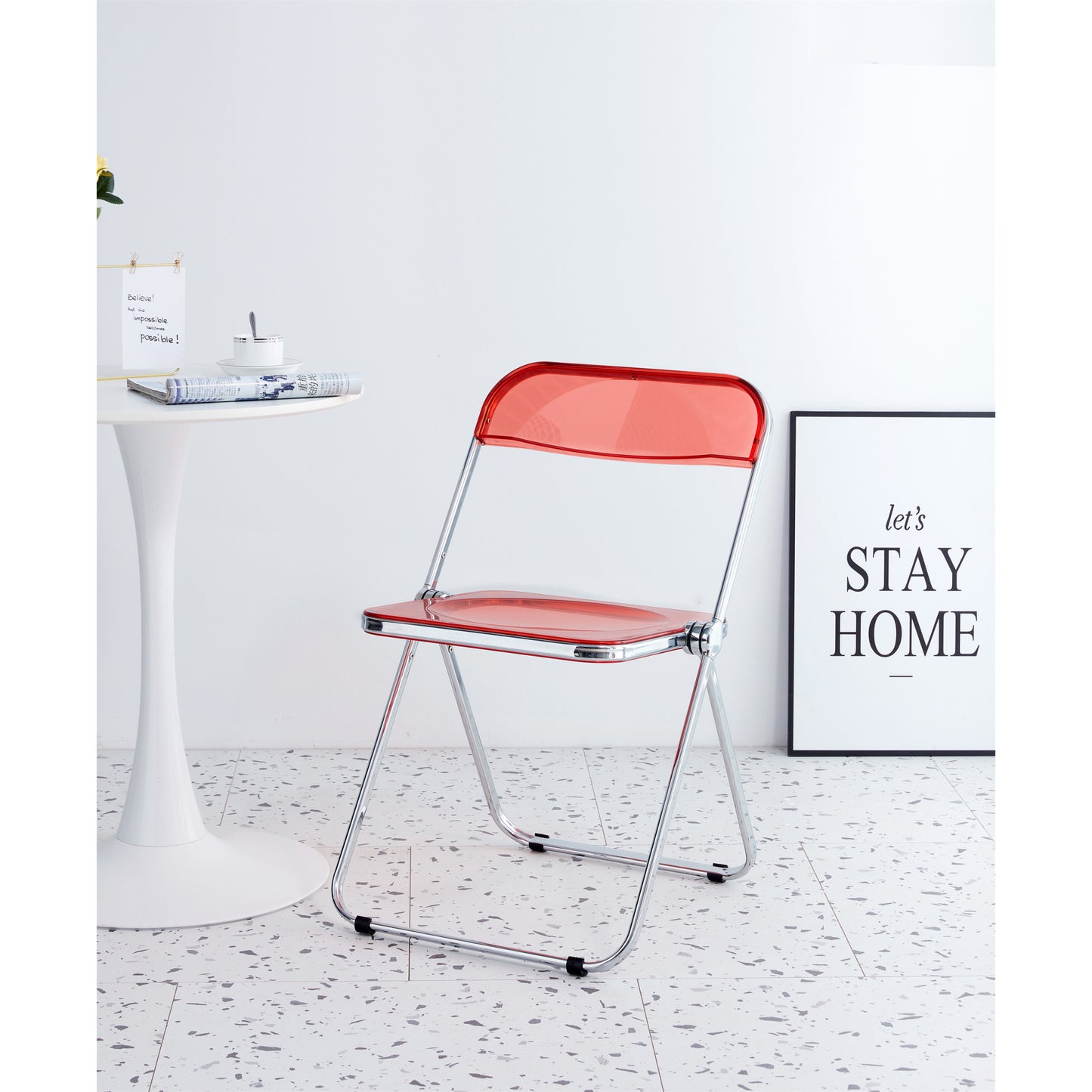 Clear Red Transparent Folding Chair - Durable PC Plastic Living Room Seat for Versatile Use