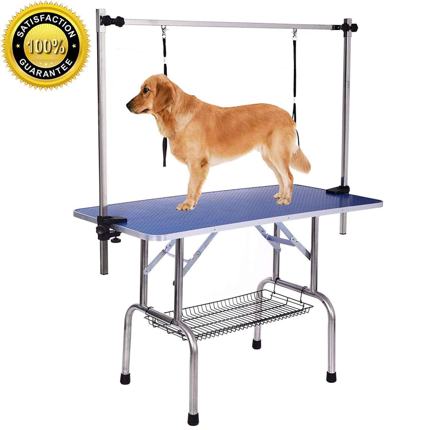 High-Quality Folding Pet Grooming Table with Stainless Steel Legs and Arms, Blue Rubber Top, Storage Basket – Ideal for Dogs and Cats