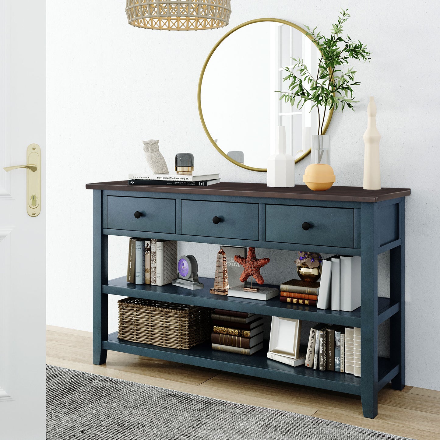 Retro Console Table with Two Open Shelves, Solid Pine Wood Frame and Legs, Stylish Storage for Living Room - Navy