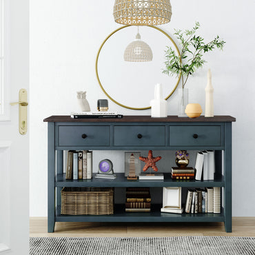 Retro Console Table with Two Open Shelves, Solid Pine Wood Frame and Legs, Stylish Storage for Living Room - Navy