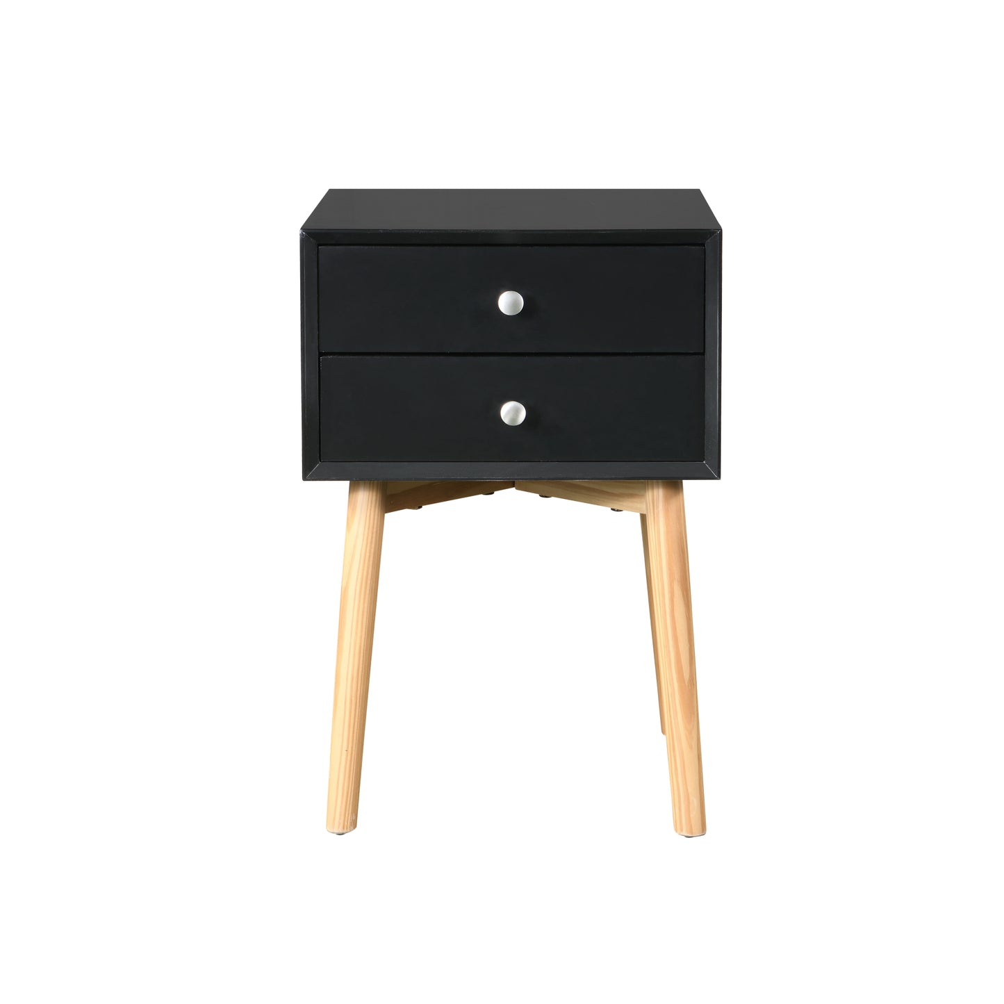 Mid-Century Modern Side Table with 2 Drawers, Rubber Wood Legs, Stylish Bedside Table Storage Cabinet for Bedroom & Living Room, Black