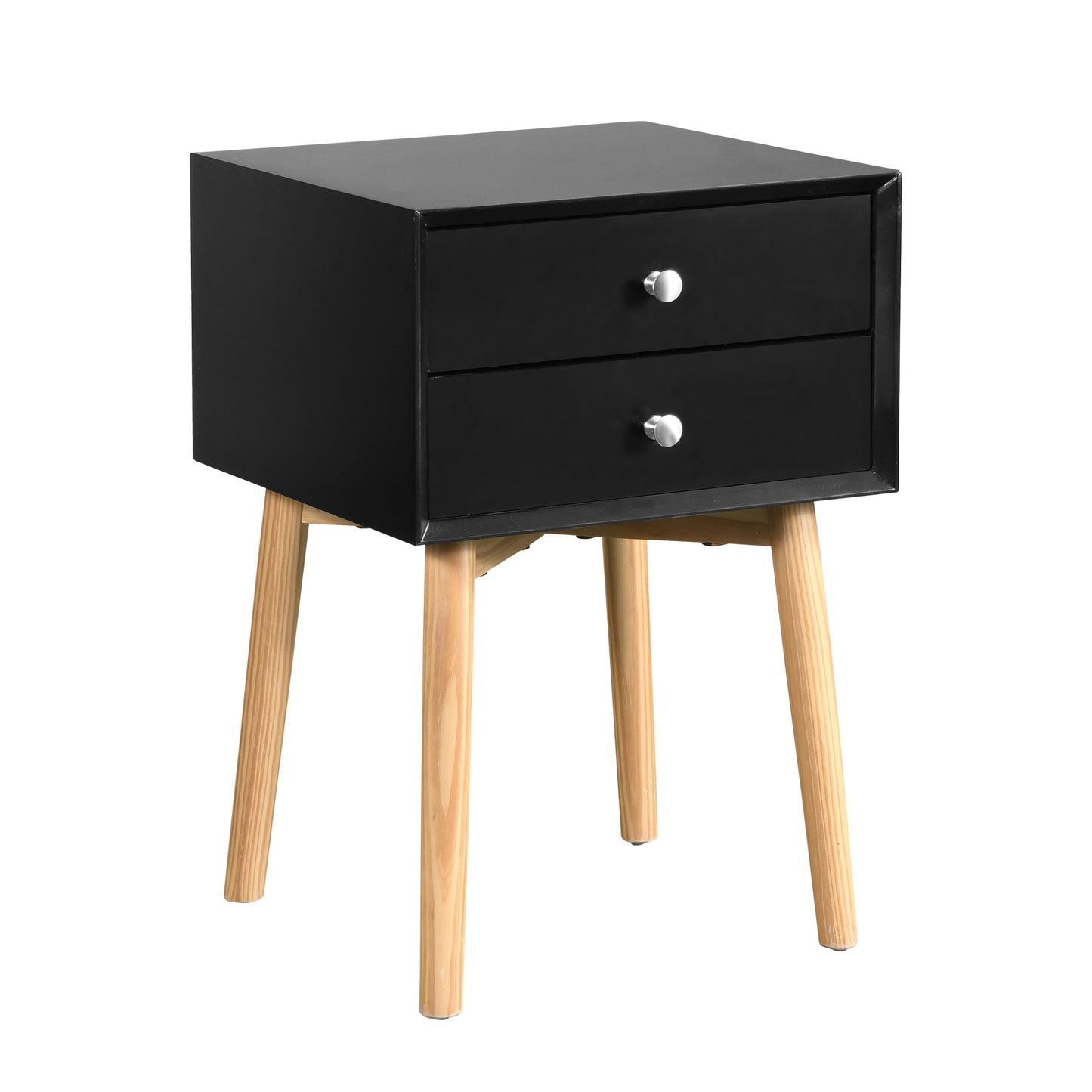 Mid-Century Modern Side Table with 2 Drawers, Rubber Wood Legs, Stylish Bedside Table Storage Cabinet for Bedroom & Living Room, Black