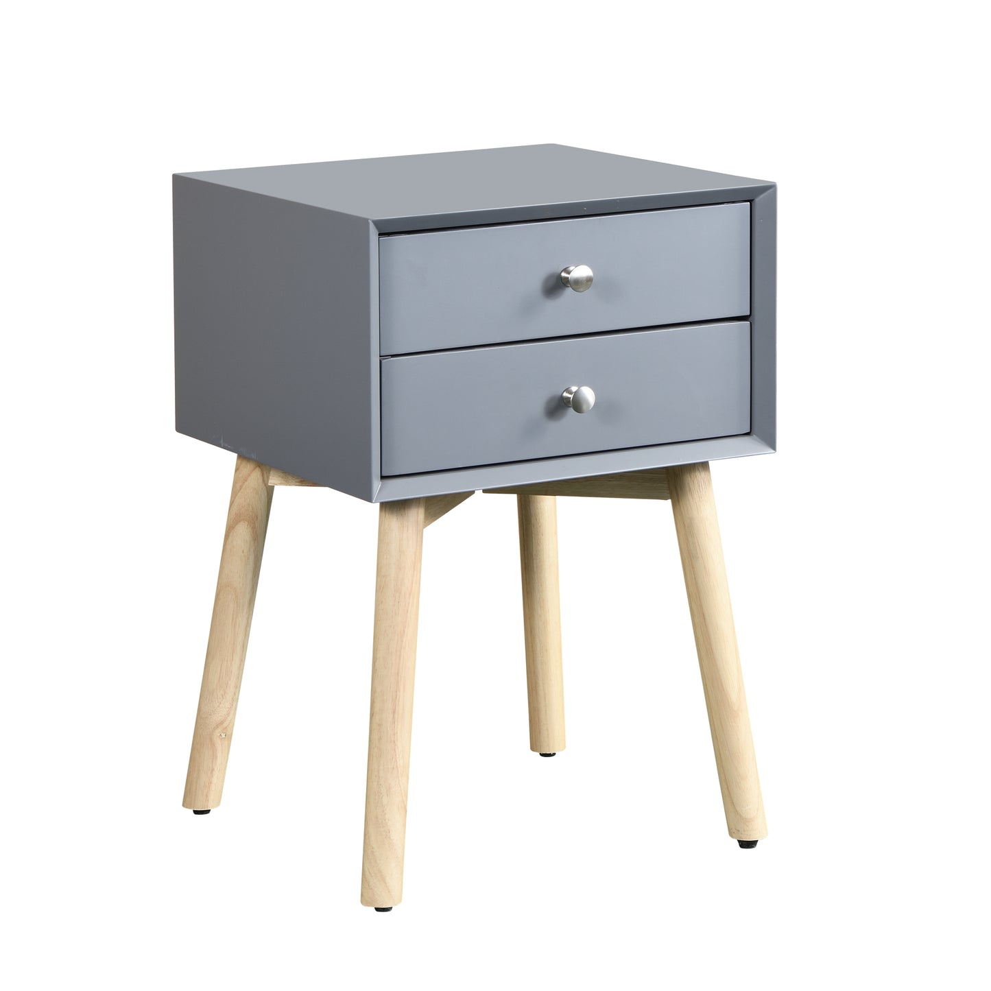 Mid-Century Modern Side Table with 2 Drawers, Bedside Storage Cabinet, Rubber Wood Legs, Stylish Gray Finish for Bedroom & Living Room