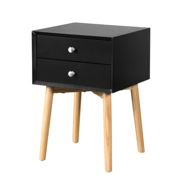 Mid-Century Modern Side Table with 2 Drawers, Rubber Wood Legs, Stylish Bedside Table Storage Cabinet for Bedroom & Living Room, Black