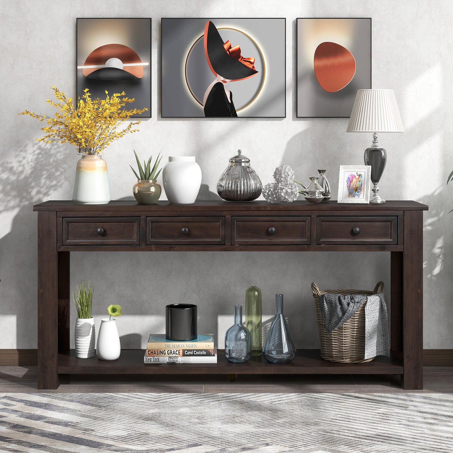 Sofa Table with Storage Drawers and Bottom Shelf for Entryway or Hallway - Espresso Finish, Stylish Console Table