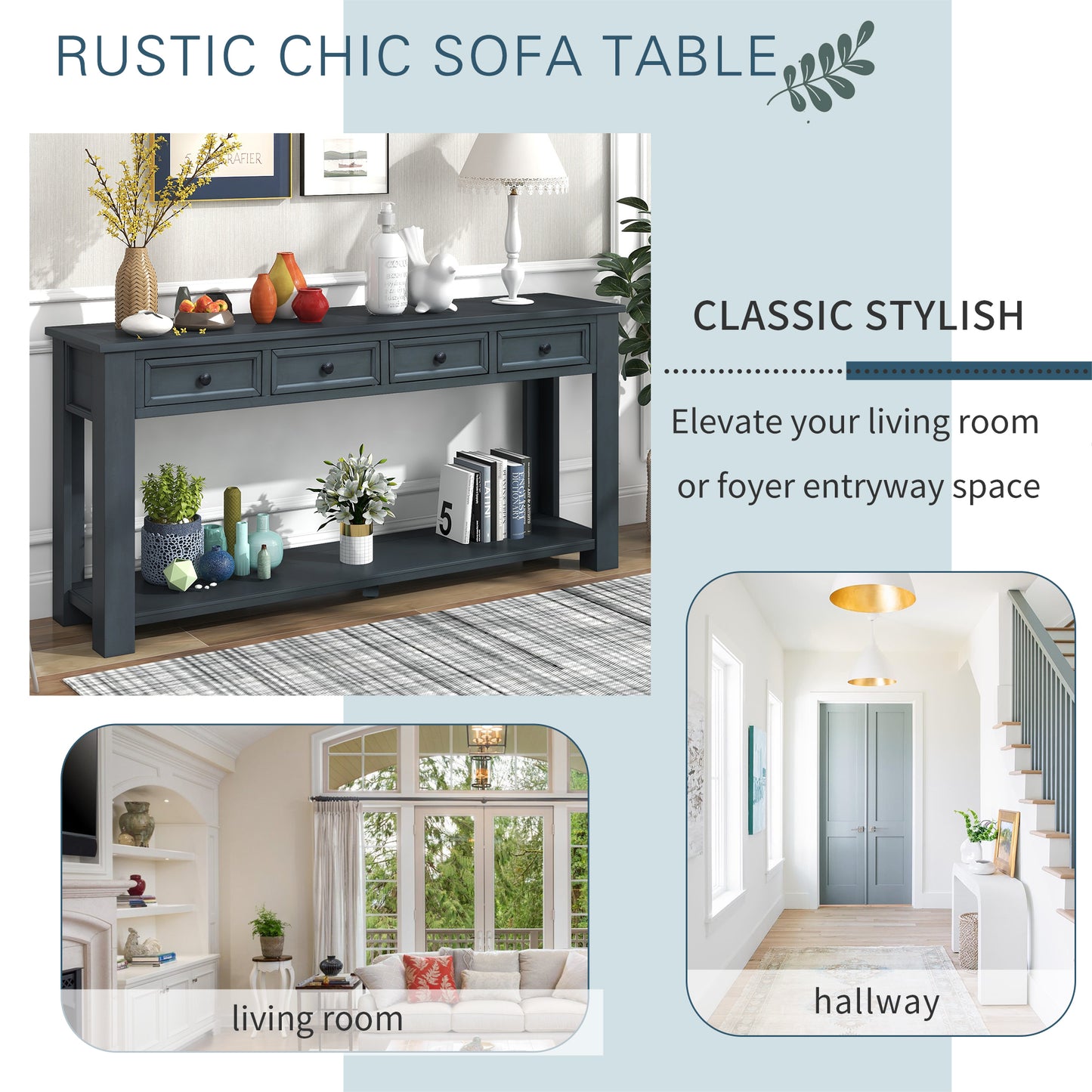 Stylish Console Table with Storage Drawers and Bottom Shelf for Entryway Hallway, Navy Finish