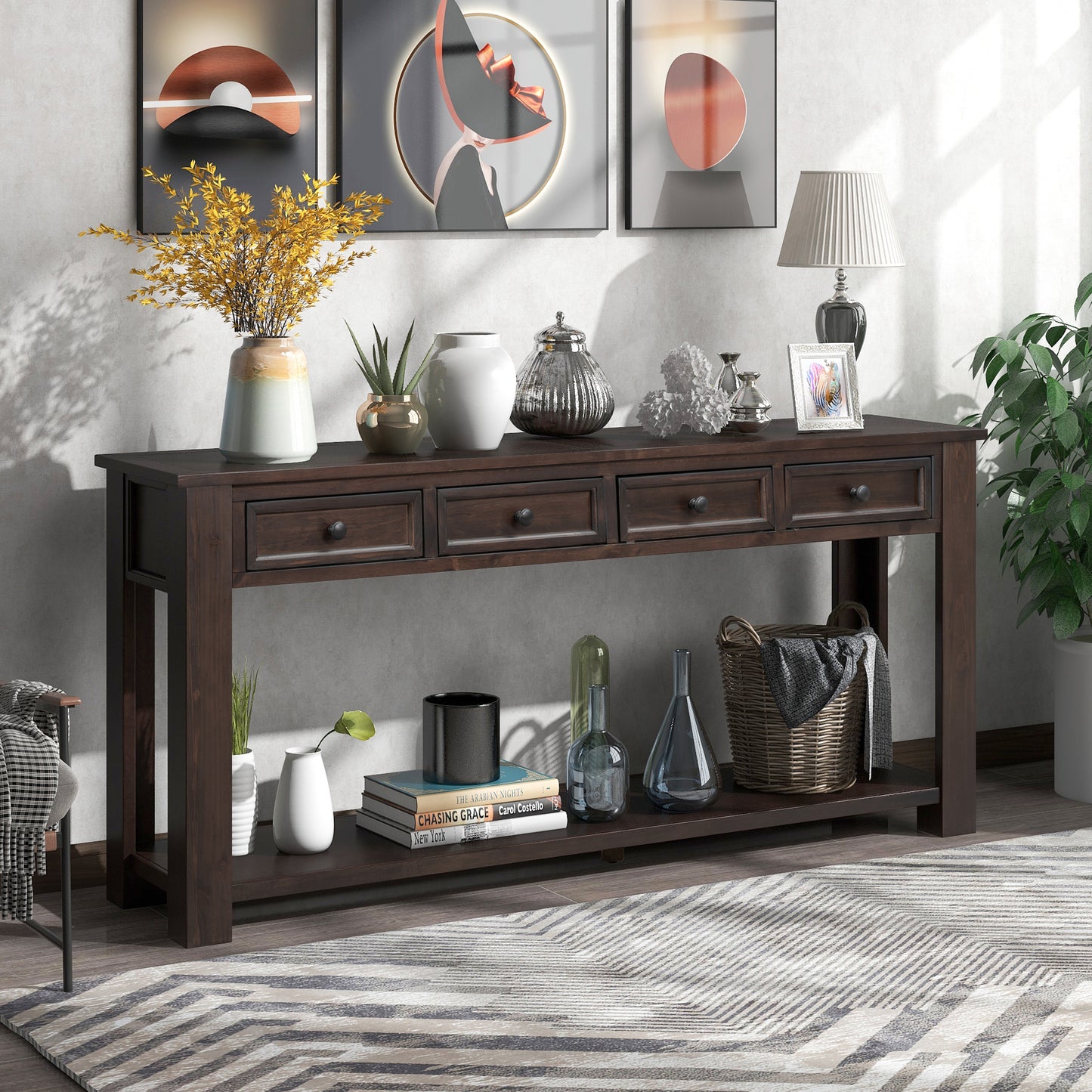 Sofa Table with Storage Drawers and Bottom Shelf for Entryway or Hallway - Espresso Finish, Stylish Console Table