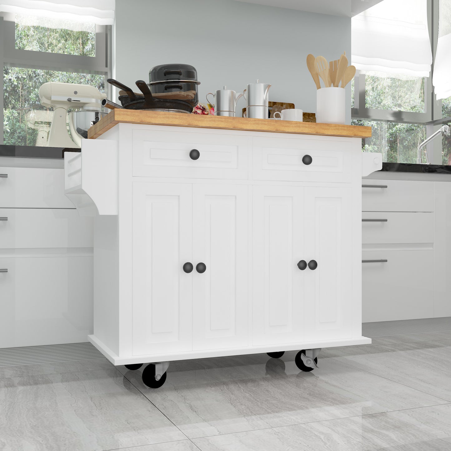 Kitchen Island Cart With Two Storage Cabinets And Two Locking Wheels,43.31 Inch Width,4 Door Cabinet And Two Drawers,Spice Rack, Towel Rack