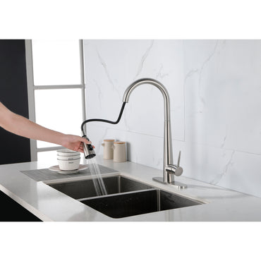 Brushed Nickel Pull Down Kitchen Faucet, High Arc Single Handle with Deck Plate, Modern Stainless Steel Sink Faucet