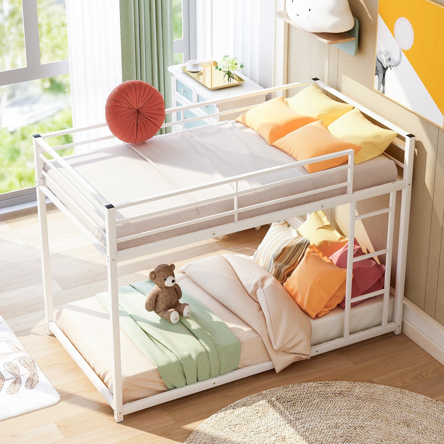 Twin over Twin Metal Bunk Bed, Space-Saving Low Bunk Bed with Ladder, Sturdy Design for Kids Room, White Finish