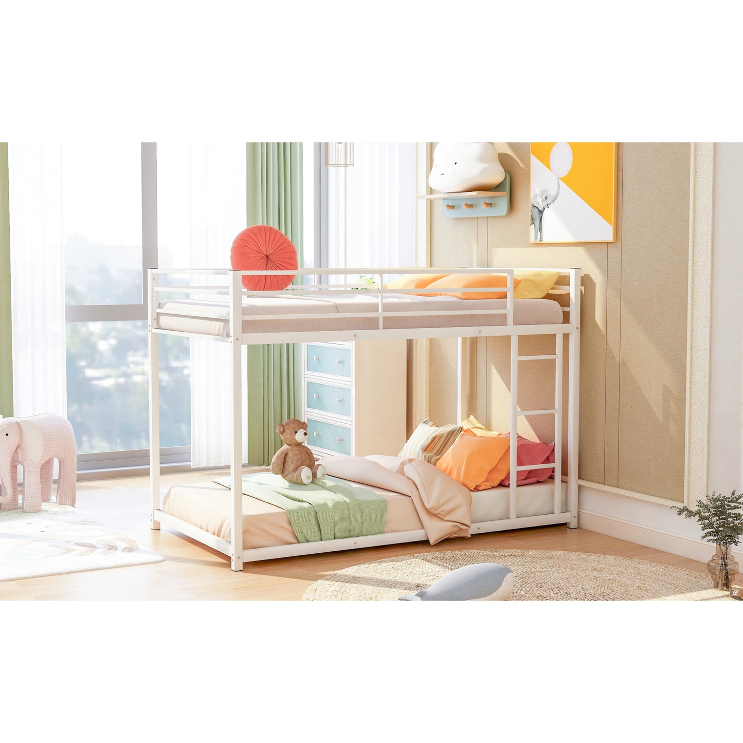 Twin over Twin Metal Bunk Bed, Space-Saving Low Bunk Bed with Ladder, Sturdy Design for Kids Room, White Finish