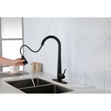 Black Kitchen Faucet with Pull Down Sprayer - Matte Finish, Single Handle, Fingerprint Resistant, Deck Mount Sink Faucet