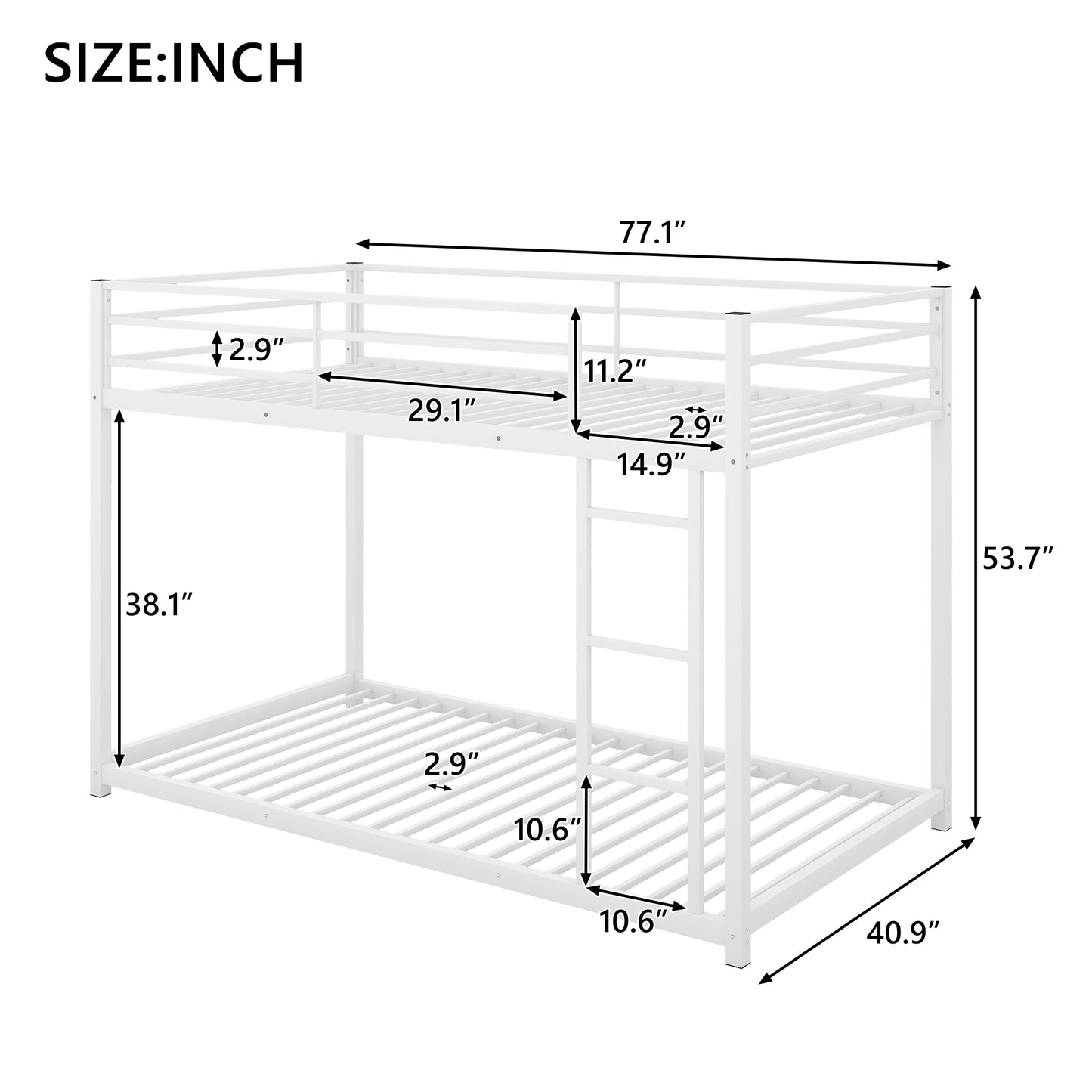 Twin over Twin Metal Bunk Bed, Space-Saving Low Bunk Bed with Ladder, Sturdy Design for Kids Room, White Finish