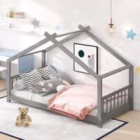 Twin Size House Bed Frame, Wooden Kids Bed, Gray Finish, Stylish Safe Design for Boys & Girls, Fun Playful Bedroom Furniture