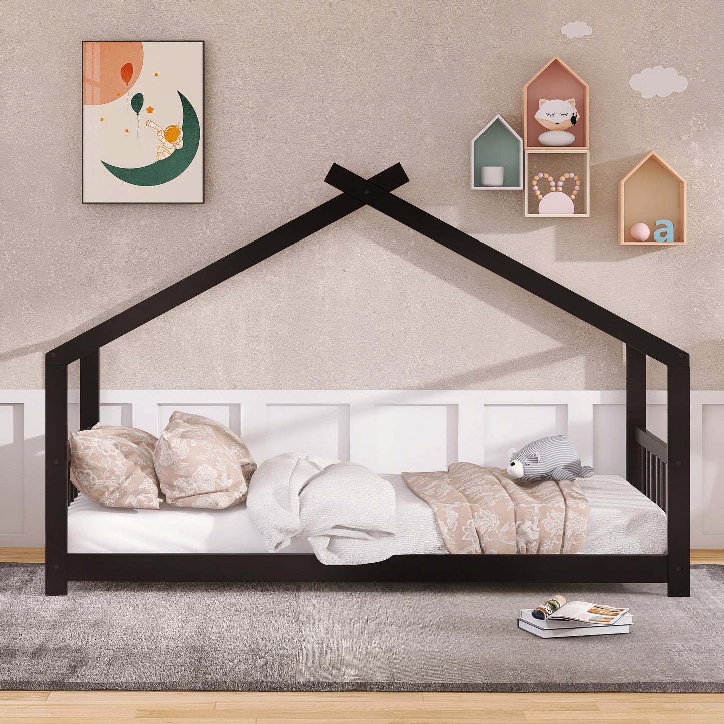 Espresso Twin Size House Bed - Sturdy Wood Frame with Playful Design for Kids' Bedroom