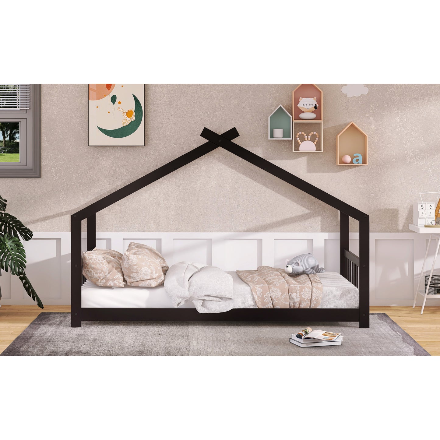 Espresso Twin Size House Bed - Sturdy Wood Frame with Playful Design for Kids' Bedroom