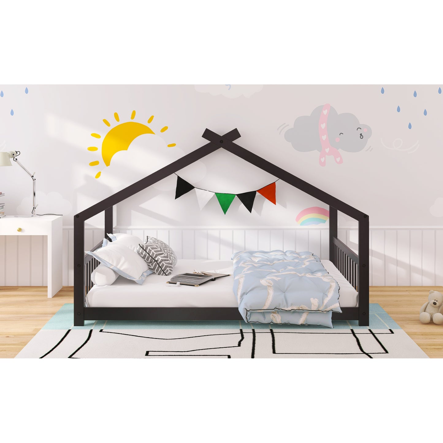 Full Size Wooden House Bed in Espresso - Stylish & Durable Design for Kids' Bedroom, Playhouse Style Bedframe