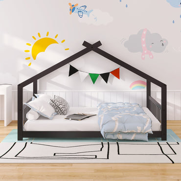 Full Size Wooden House Bed in Espresso - Stylish & Durable Design for Kids' Bedroom, Playhouse Style Bedframe