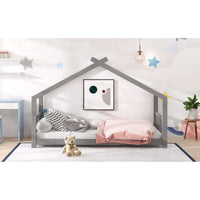 Twin Size House Bed Frame, Wooden Kids Bed, Gray Finish, Stylish Safe Design for Boys & Girls, Fun Playful Bedroom Furniture