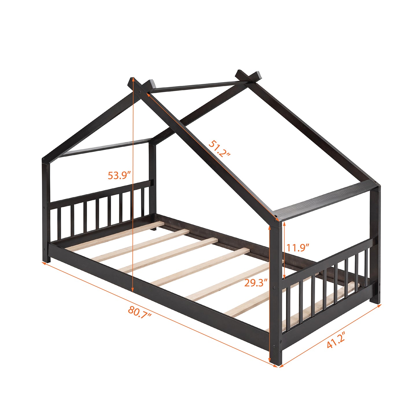 Espresso Twin Size House Bed - Sturdy Wood Frame with Playful Design for Kids' Bedroom