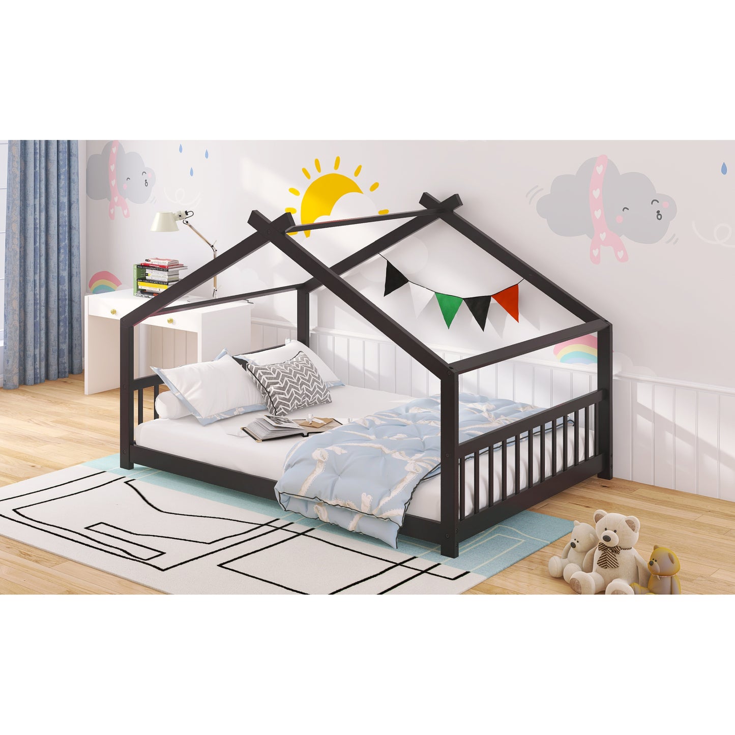 Full Size Wooden House Bed in Espresso - Stylish & Durable Design for Kids' Bedroom, Playhouse Style Bedframe