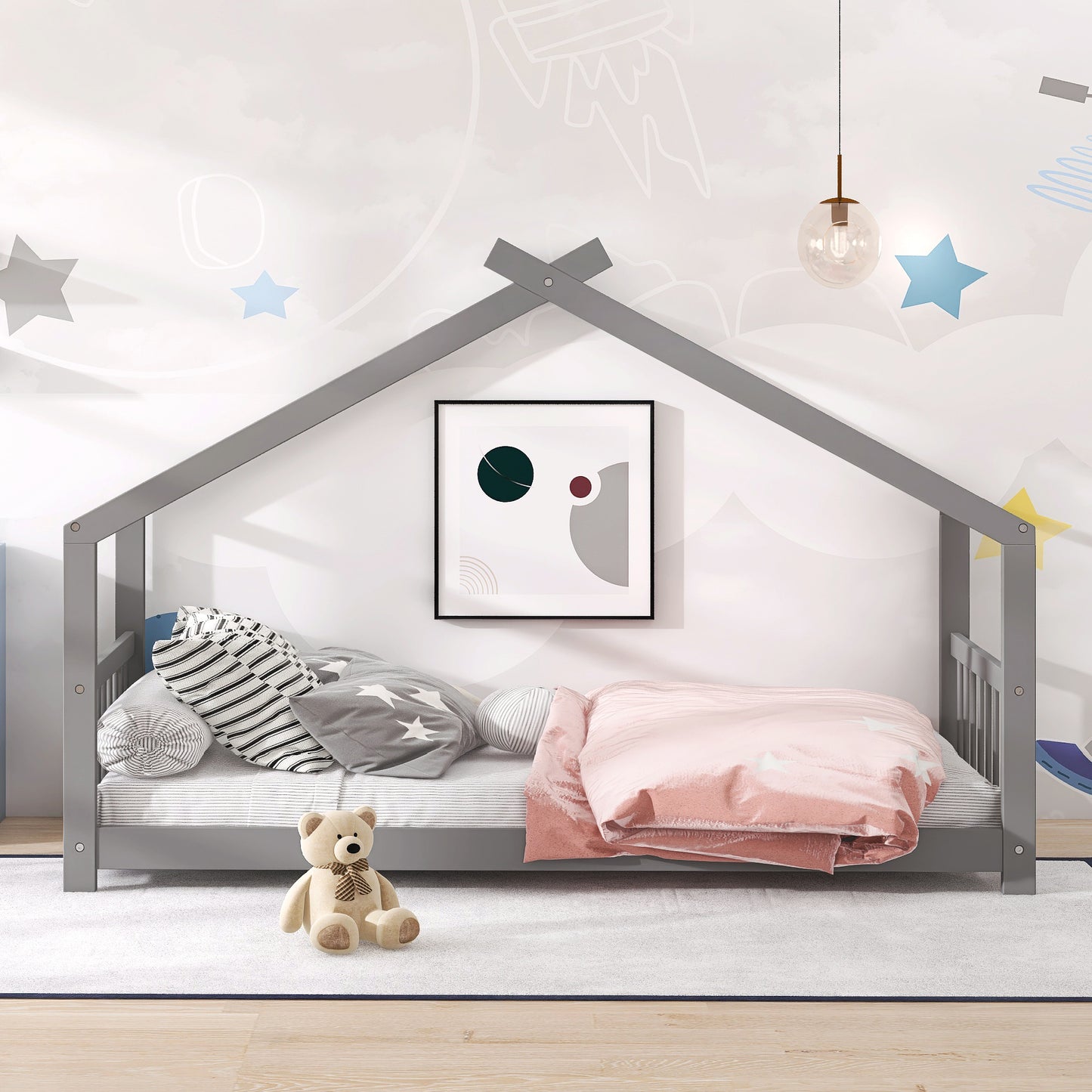 Twin Size House Bed Frame, Wooden Kids Bed, Gray Finish, Stylish Safe Design for Boys & Girls, Fun Playful Bedroom Furniture