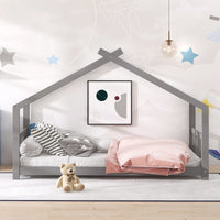 Twin Size House Bed Frame, Wooden Kids Bed, Gray Finish, Stylish Safe Design for Boys & Girls, Fun Playful Bedroom Furniture