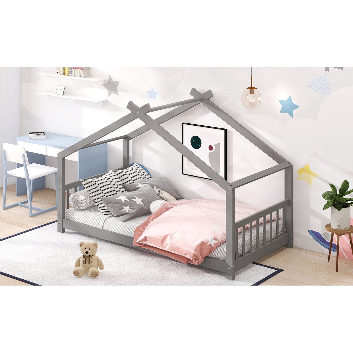 Twin Size House Bed Frame, Wooden Kids Bed, Gray Finish, Stylish Safe Design for Boys & Girls, Fun Playful Bedroom Furniture