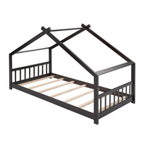 Espresso Twin Size House Bed - Sturdy Wood Frame with Playful Design for Kids' Bedroom