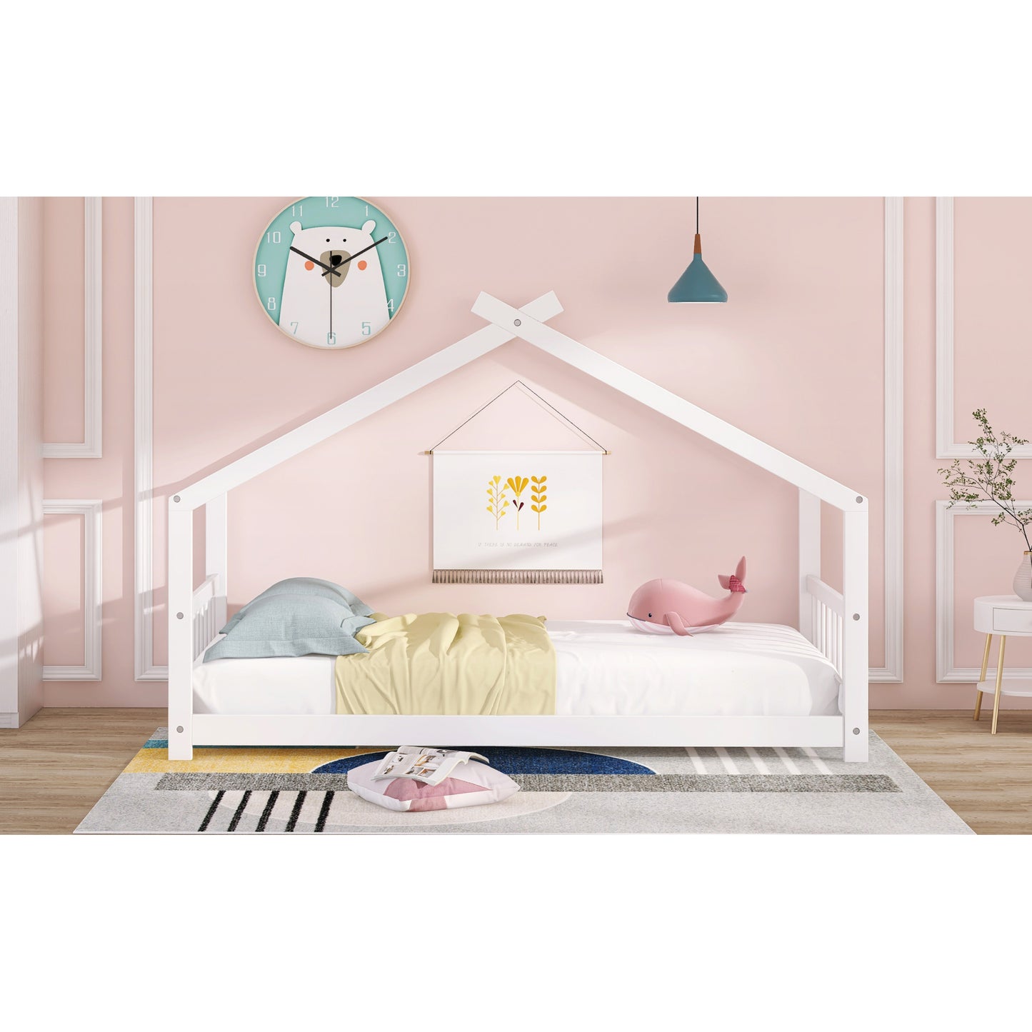 Twin Size Wood House Bed Frame - White Finish - Stylish, Space-Saving Design for Kids' Bedroom