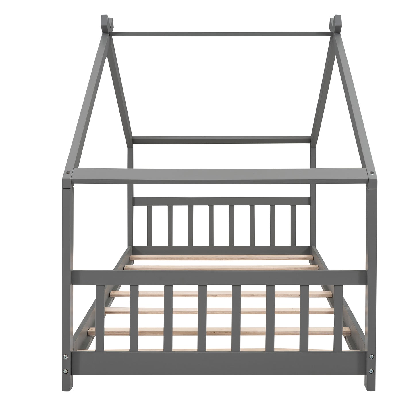 Twin Size House Bed Frame, Wooden Kids Bed, Gray Finish, Stylish Safe Design for Boys & Girls, Fun Playful Bedroom Furniture