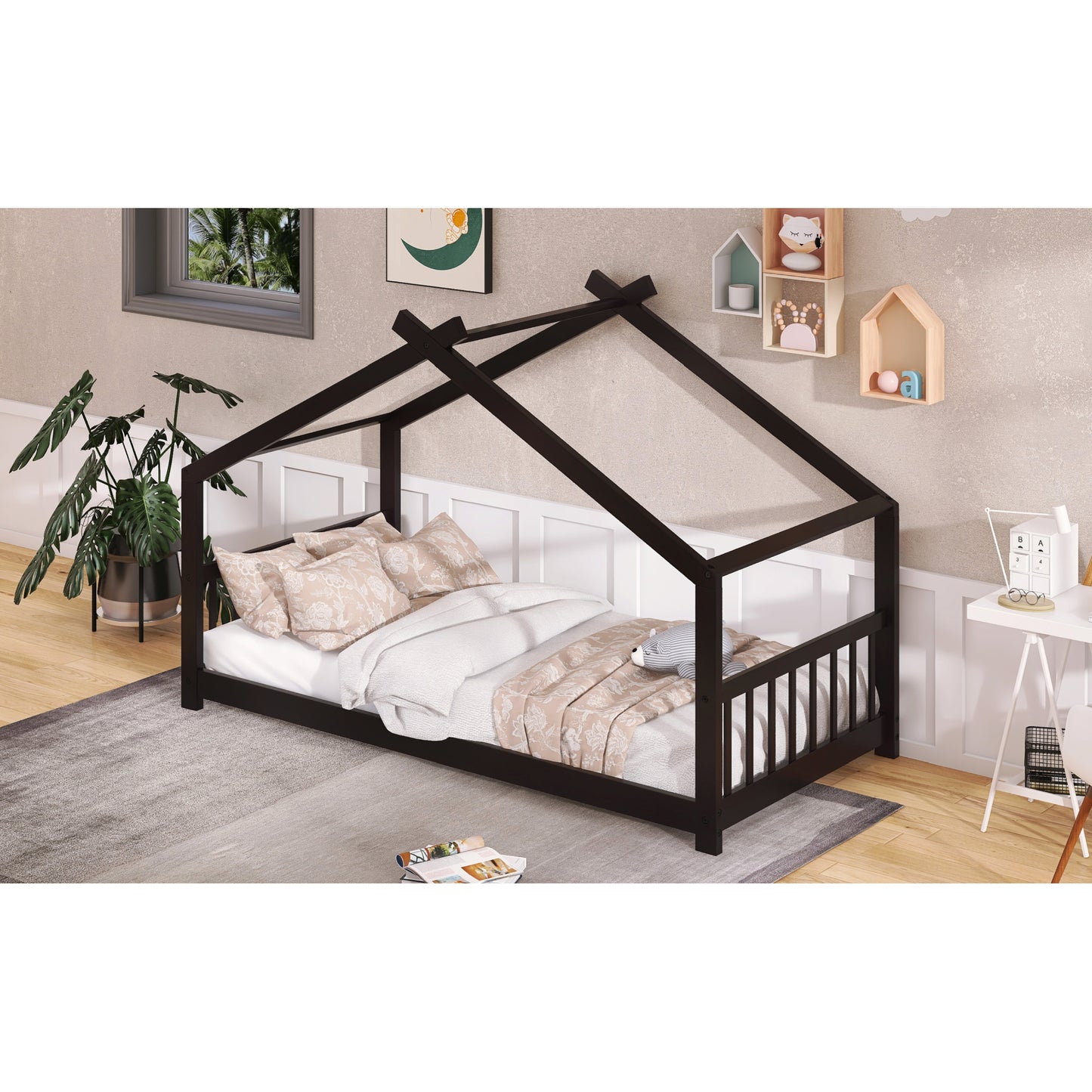 Espresso Twin Size House Bed - Sturdy Wood Frame with Playful Design for Kids' Bedroom