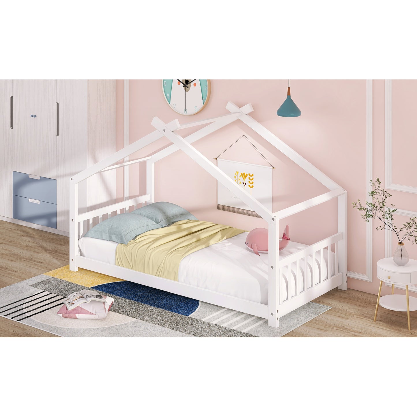 Twin Size Wood House Bed Frame - White Finish - Stylish, Space-Saving Design for Kids' Bedroom