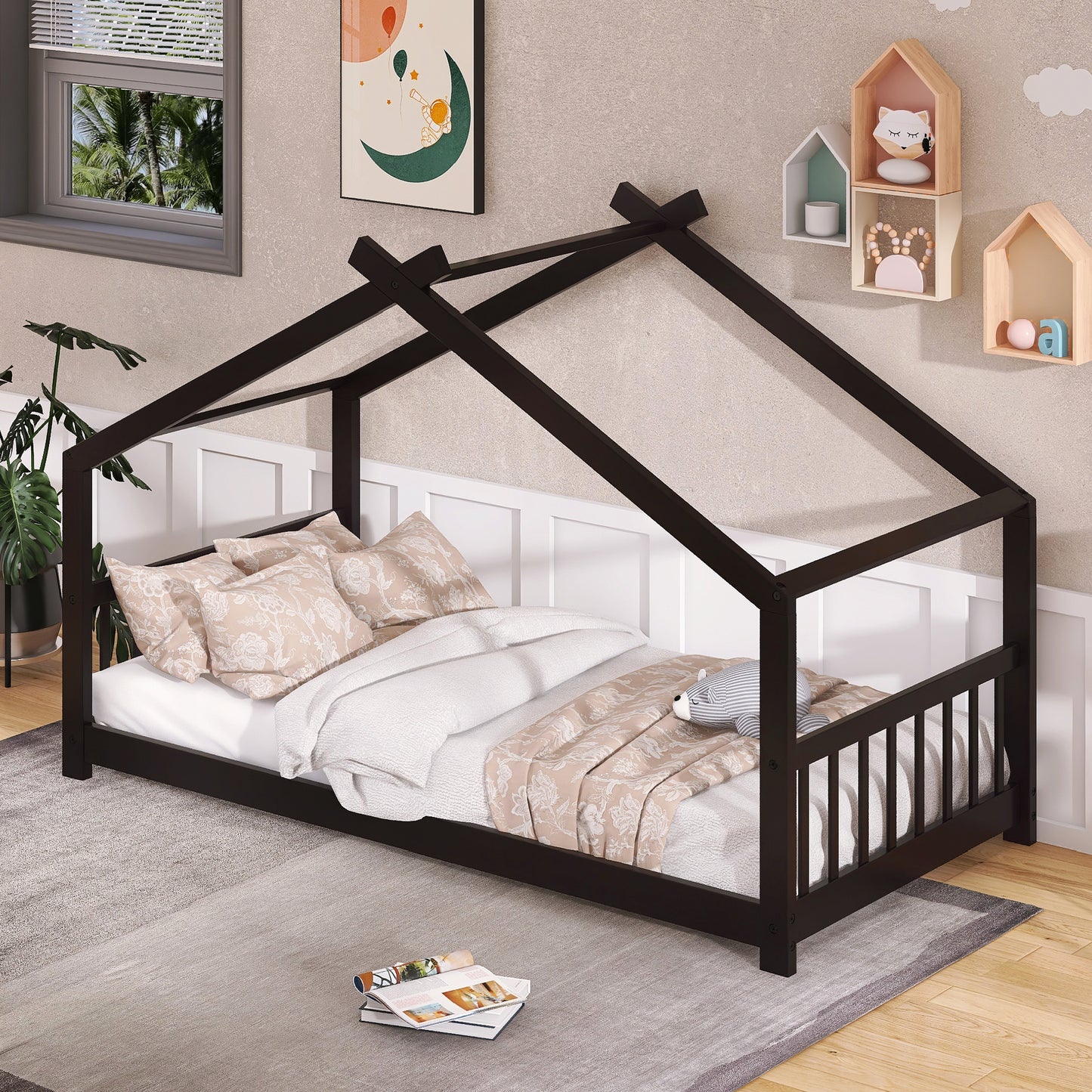 Espresso Twin Size House Bed - Sturdy Wood Frame with Playful Design for Kids' Bedroom