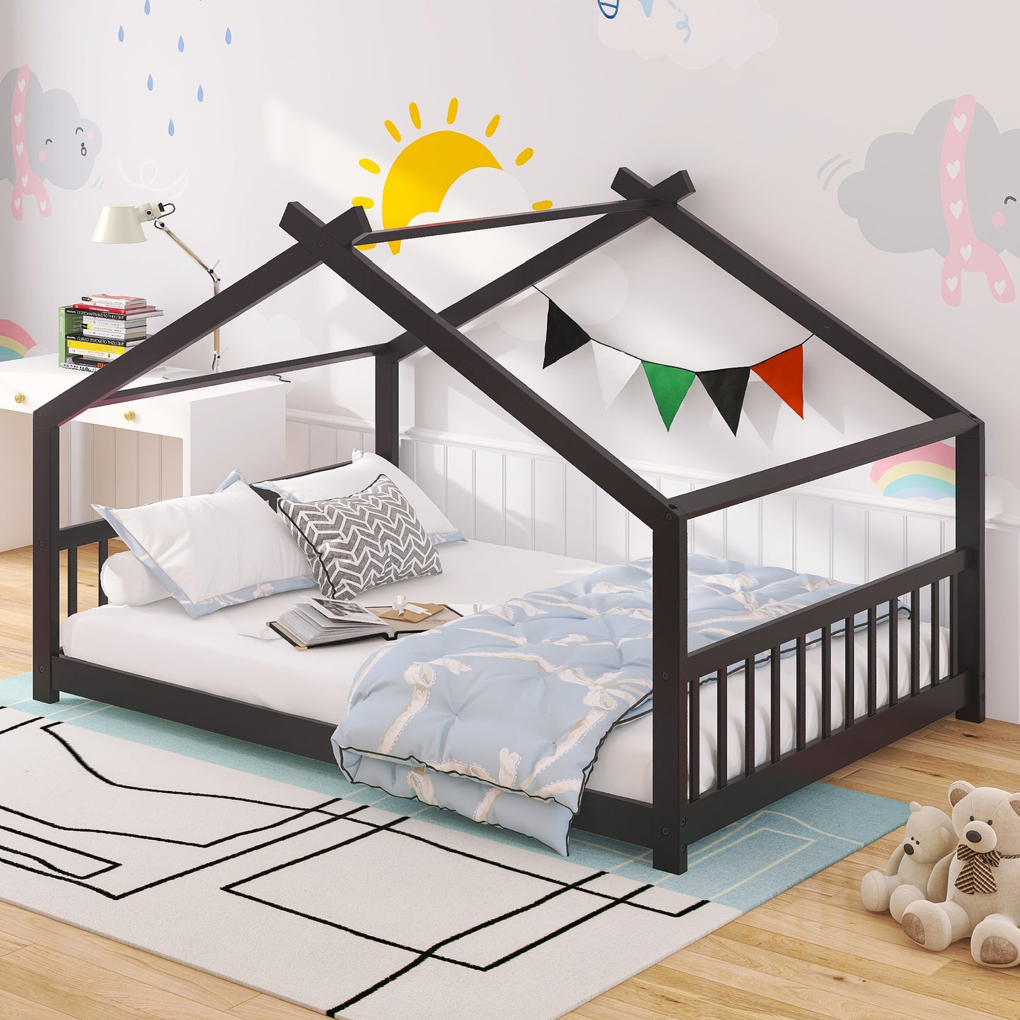 Full Size Wooden House Bed in Espresso - Stylish & Durable Design for Kids' Bedroom, Playhouse Style Bedframe