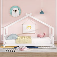 Twin Size Wood House Bed Frame - White Finish - Stylish, Space-Saving Design for Kids' Bedroom