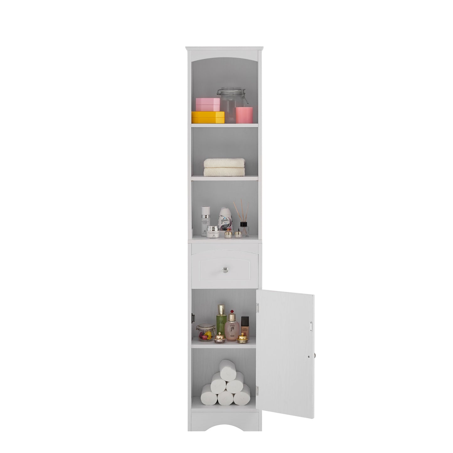 Tall Bathroom Cabinet, Freestanding Storage Unit with Drawer, MDF, Adjustable Shelf, Stylish White Storage Solution for Organized Bathroom