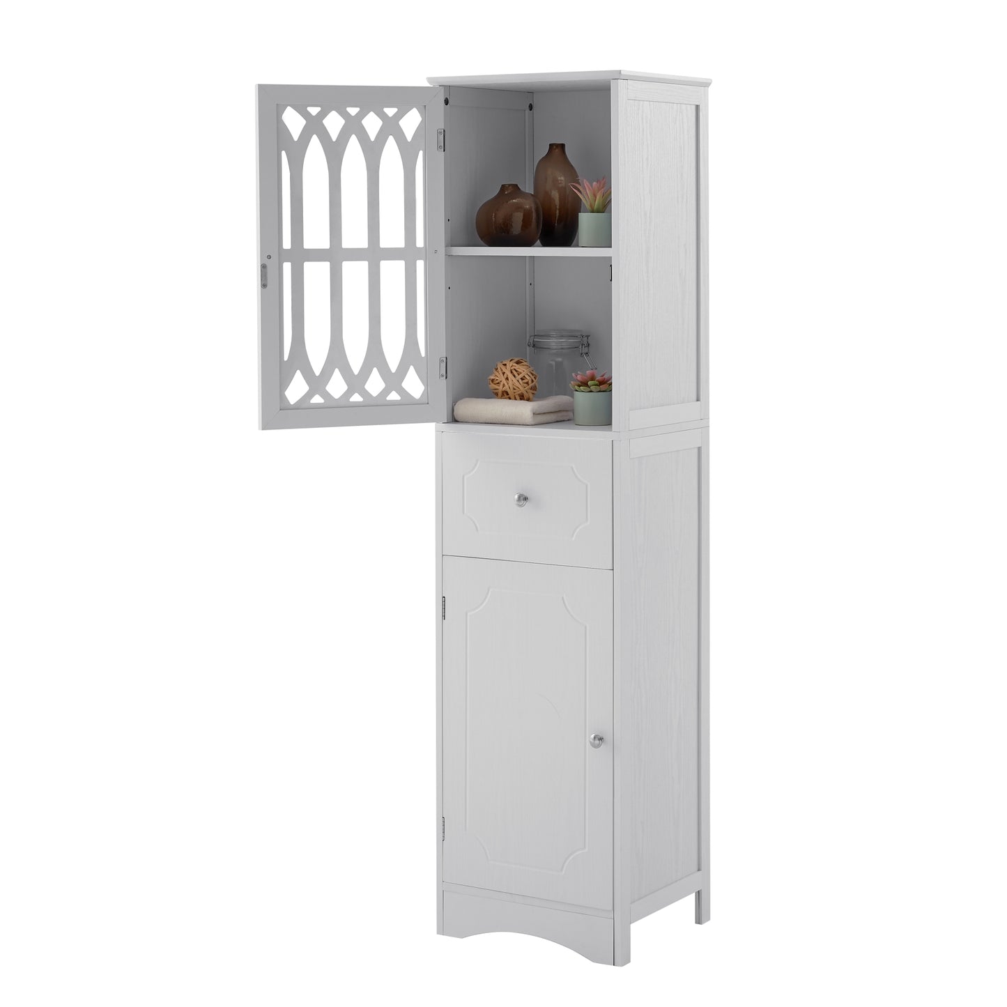 Freestanding Tall Bathroom Storage Cabinet with Drawer & Doors, MDF with Acrylic Door, Adjustable Shelf, White Finish