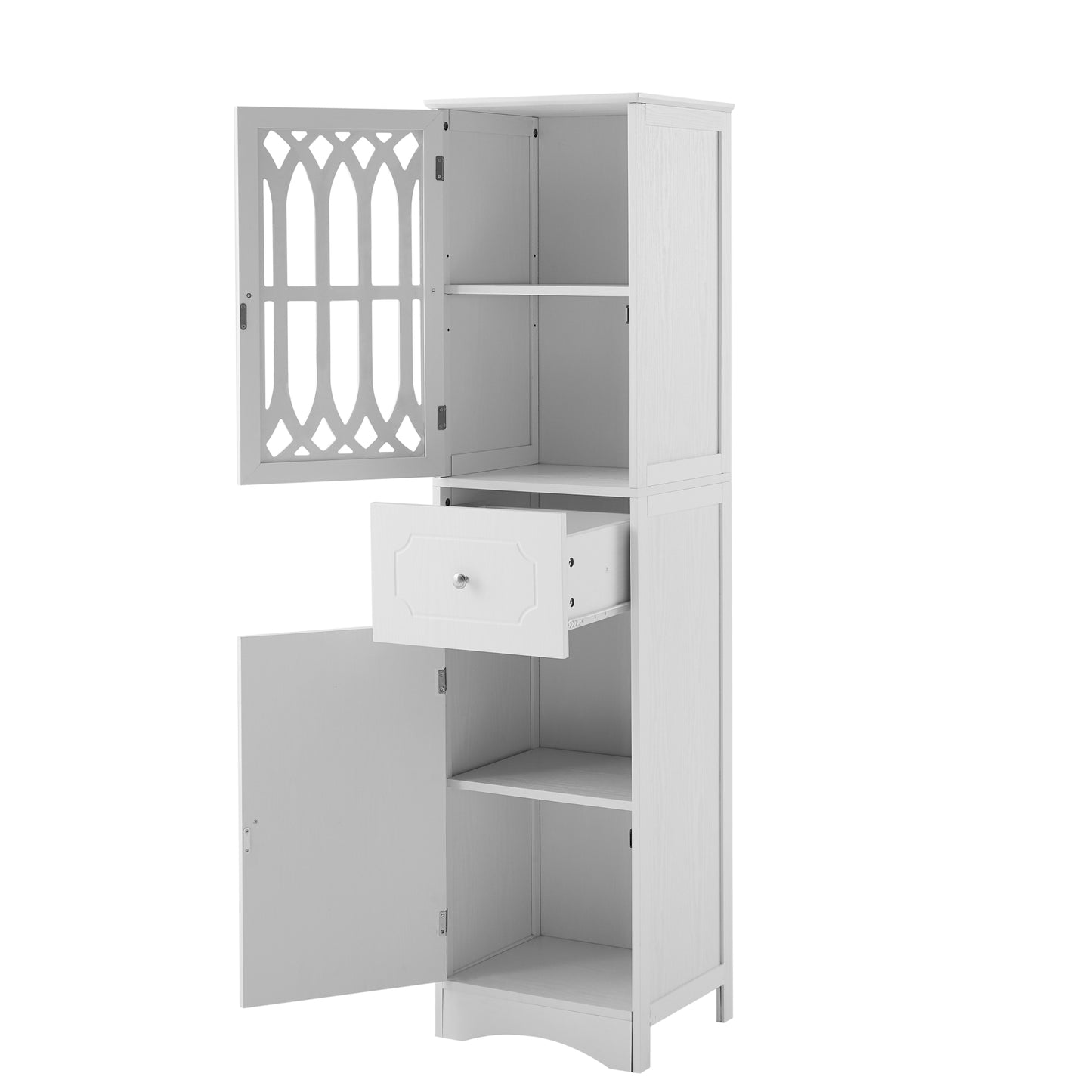 Freestanding Tall Bathroom Storage Cabinet with Drawer & Doors, MDF with Acrylic Door, Adjustable Shelf, White Finish