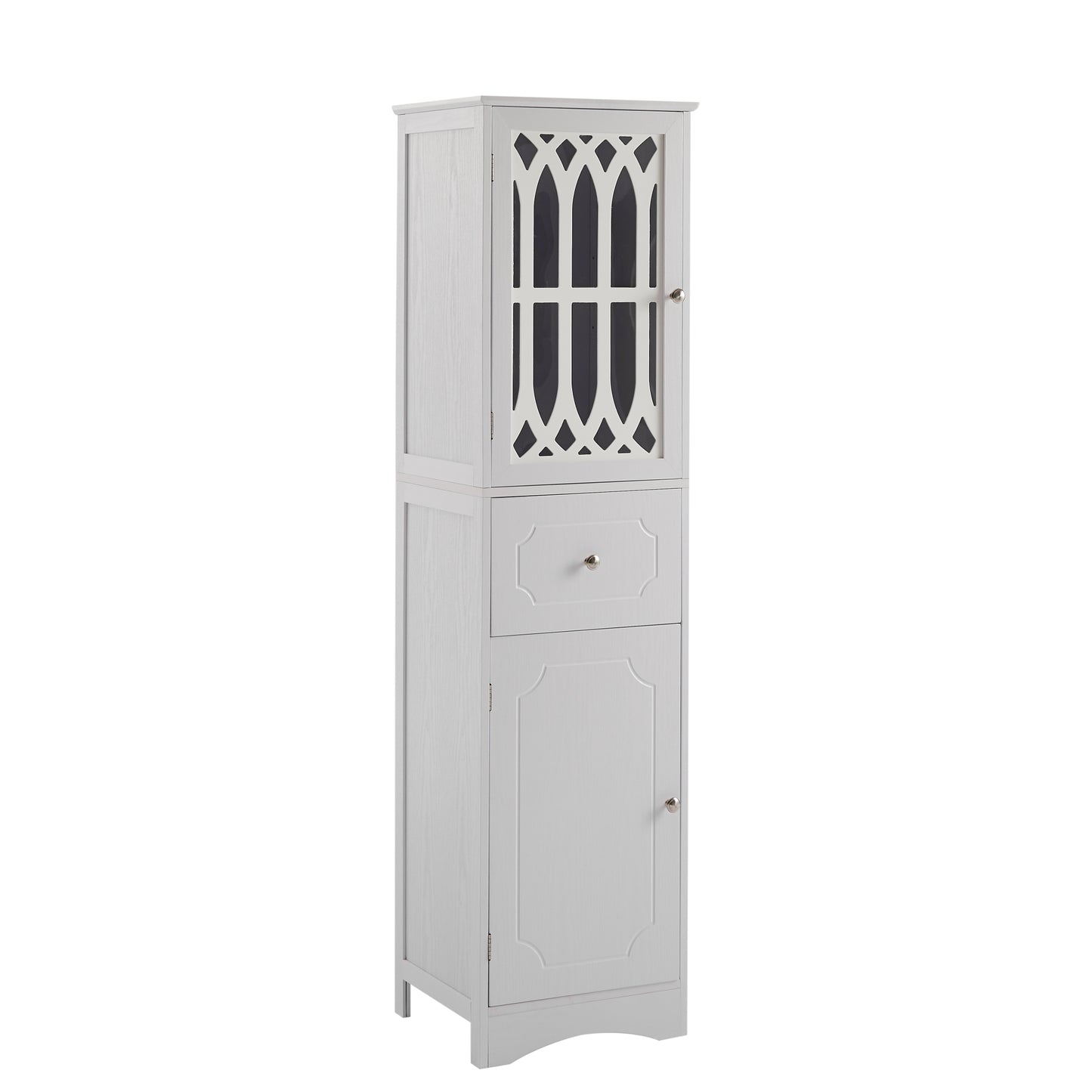 Freestanding Tall Bathroom Storage Cabinet with Drawer & Doors, MDF with Acrylic Door, Adjustable Shelf, White Finish