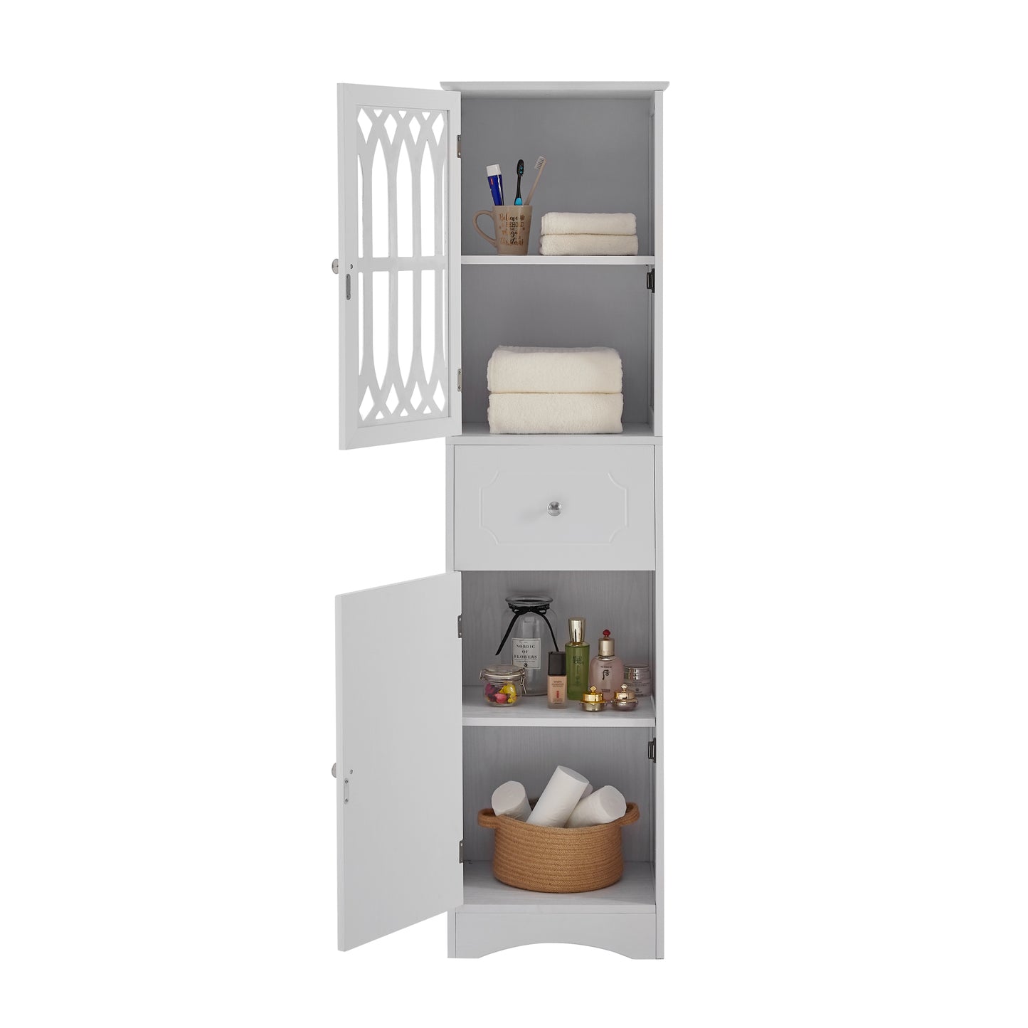 Freestanding Tall Bathroom Storage Cabinet with Drawer & Doors, MDF with Acrylic Door, Adjustable Shelf, White Finish