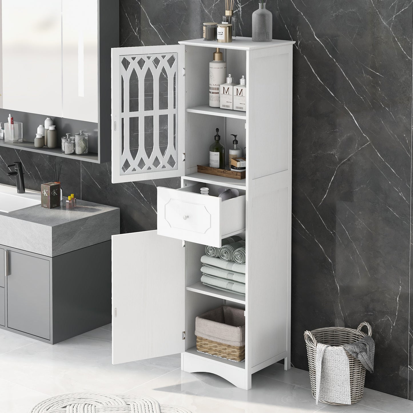 Freestanding Tall Bathroom Storage Cabinet with Drawer & Doors, MDF with Acrylic Door, Adjustable Shelf, White Finish