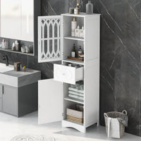 Freestanding Tall Bathroom Storage Cabinet with Drawer & Doors, MDF with Acrylic Door, Adjustable Shelf, White Finish