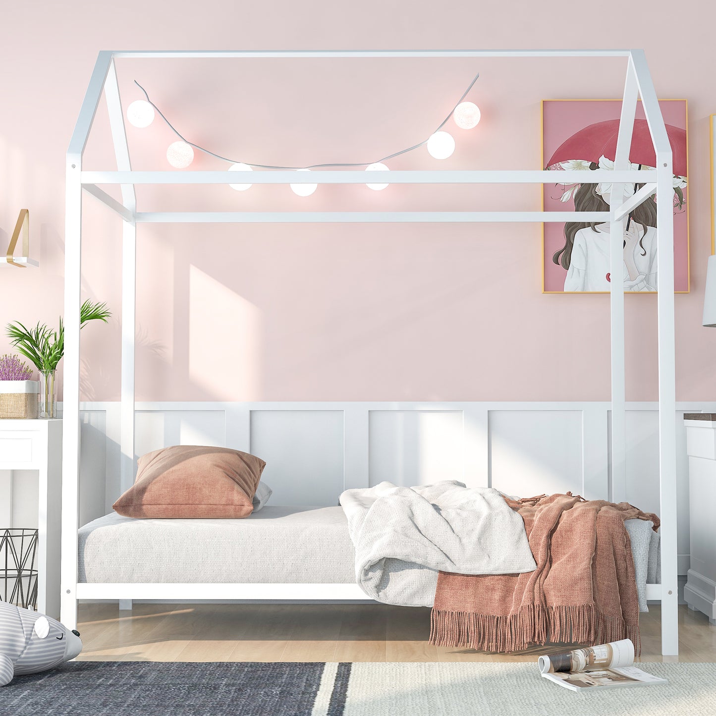 Kids Twin Size House Bed Frame - Metal Platform Floor Bed for Boys & Girls, No Box Spring Needed, White Finish