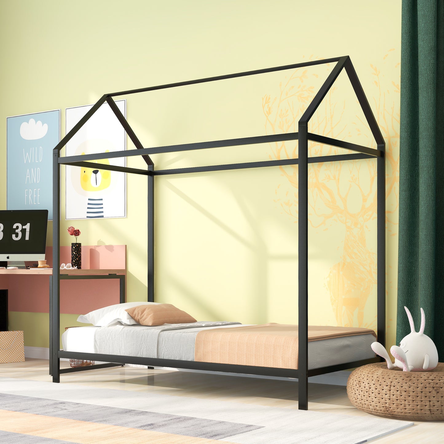 Kids Twin Size Metal House Bed Frame - Platform Floor Bed for Boys and Girls, No Box Spring Needed, Black