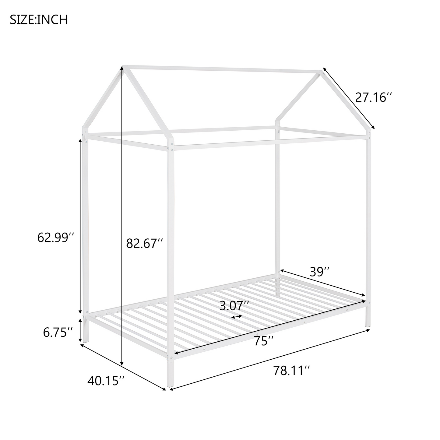 Kids Twin Size House Bed Frame - Metal Platform Floor Bed for Boys & Girls, No Box Spring Needed, White Finish