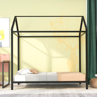 Kids Twin Size Metal House Bed Frame - Platform Floor Bed for Boys and Girls, No Box Spring Needed, Black