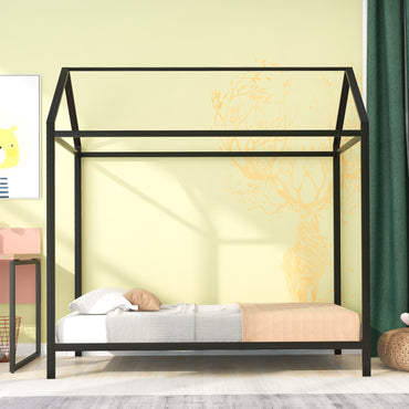 Kids Twin Size Metal House Bed Frame - Platform Floor Bed for Boys and Girls, No Box Spring Needed, Black