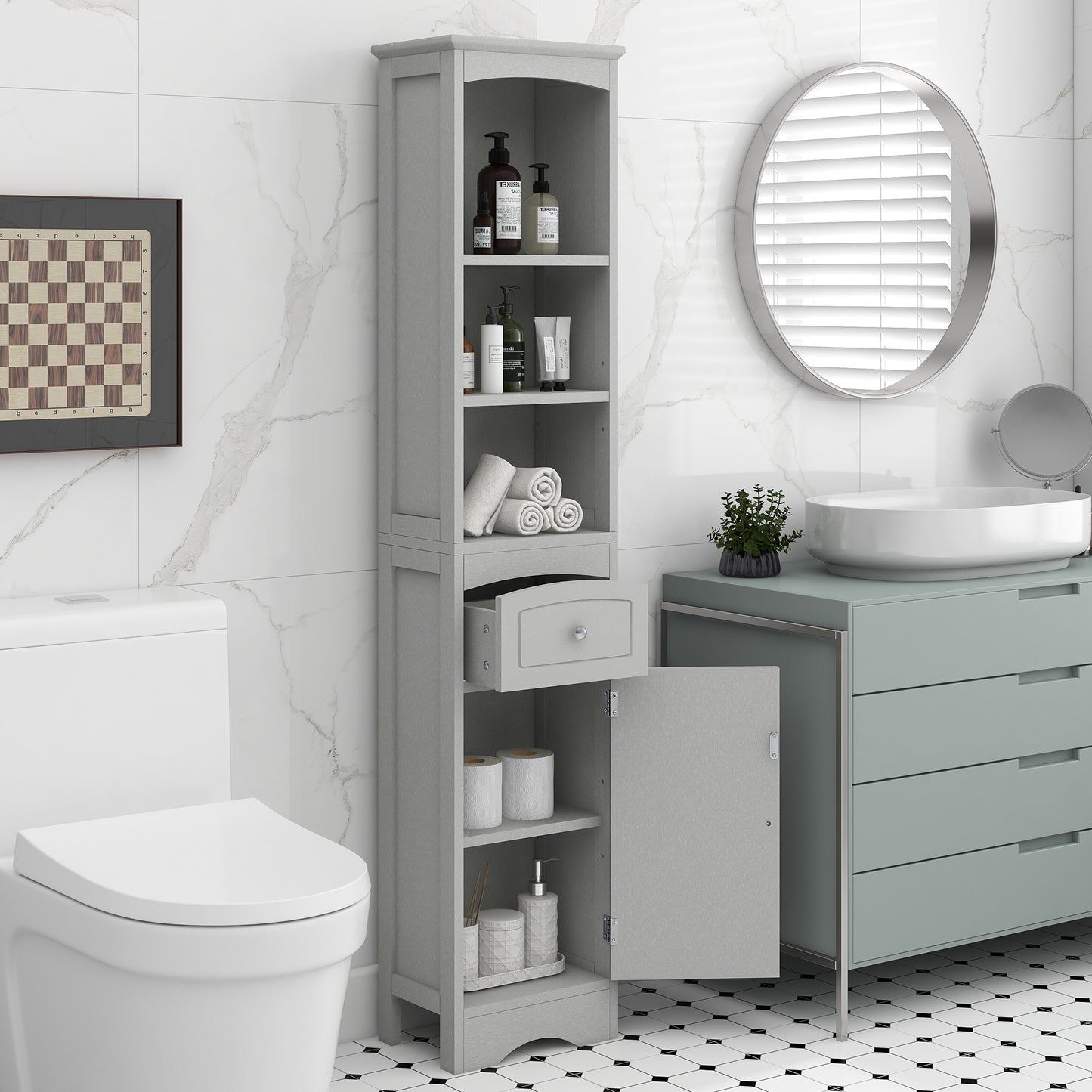 Tall Bathroom Cabinet - Freestanding Storage Unit with Drawer, Adjustable Shelf, MDF Board, Stylish Grey Finish for Organized Storage