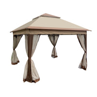 Outdoor 11x11 Ft Pop Up Gazebo Canopy with Zipper Netting, 2-Tier Soft Top Tent for Patio, Backyard, Garden & Camping - Coffee Color